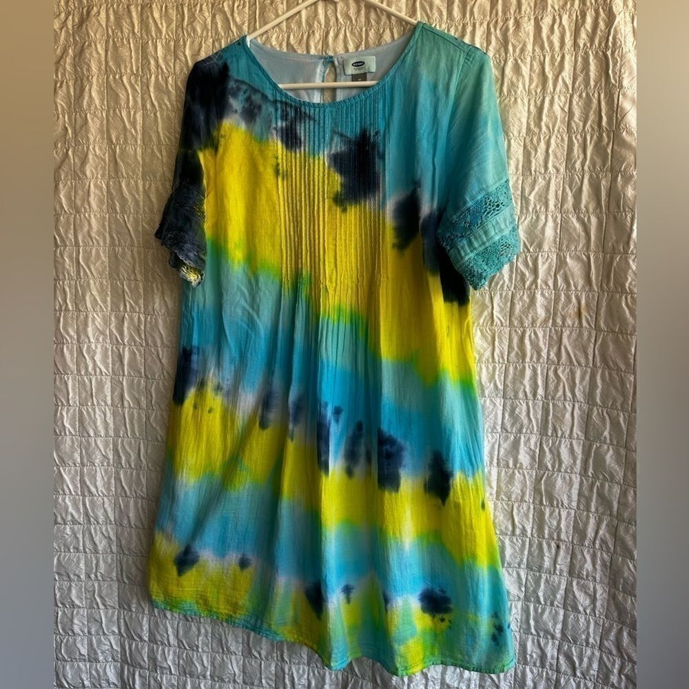 OLD Navy Tiedye 100% cotton lined babydoll dress turquoise and yellow  sz M